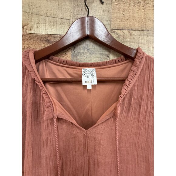 Naif Rust Orange Textured Tiered Mini Dress With Tassel Tie Neck & 3/4 Sleeves L - Picture 4 of 8